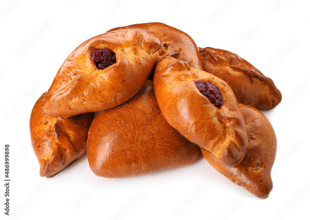 Many delicious baked patties on white background Many delicious baked patties on white background