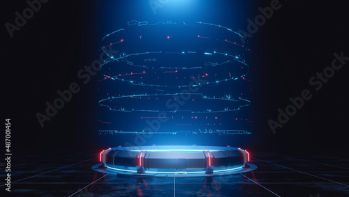 3D Rendering of sci fi mech circle shape pedestal with glowing led futuristic rings and grunge dark fog and cloud background. For hi tech product display, big data, computer hardware, ai, crypto photo
