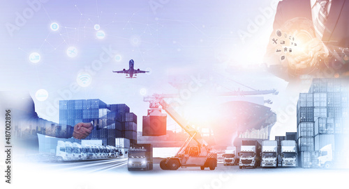 Global business of Container Cargo freight train for Business logistics concept, Air cargo trucking, Rail transportation and maritime shipping, Online goods orders worldwide