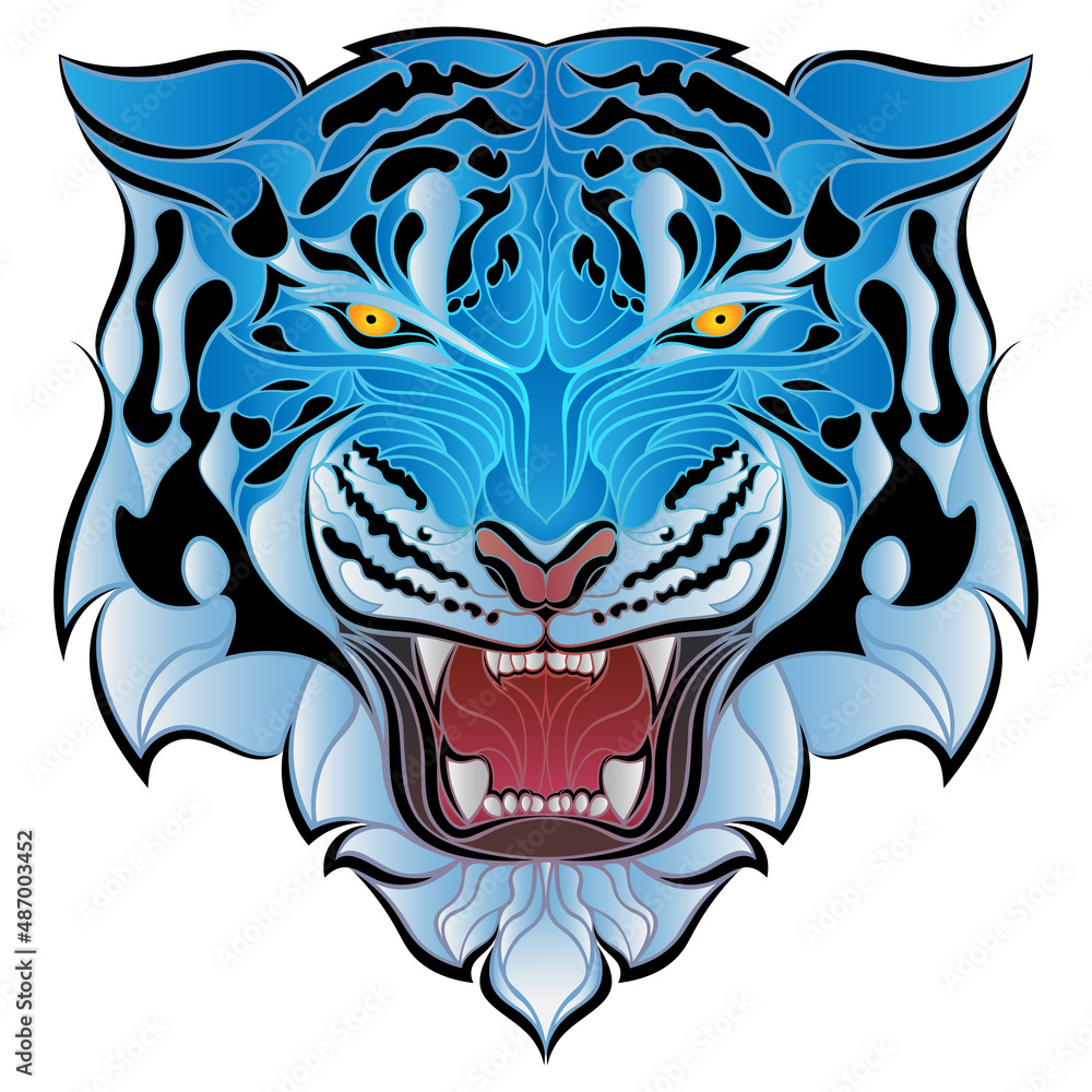 Angry blue tiger head with yellow eyes and open snarling mouth. Symbol of 2022 stylized as a colorful tattoo. Water tiger isolated vector illustration.