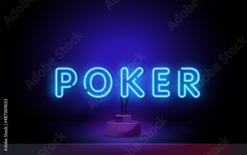 Poker neon text. Gambling and poker club design. Night bright neon sign, colorful billboard, light banner. Vector illustration in neon style.