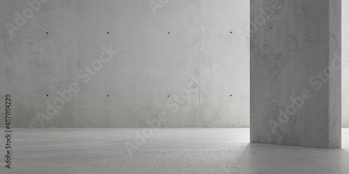 Abstract empty, modern concrete room with indirect lighting from right side, divider wall and rough floor - industrial interior background template
