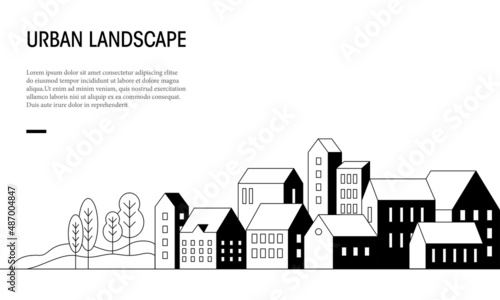 Flat vector illustration of urban landscape view in outline style. Suitable for design element of design element of real estate promotional background, city skyline, and village tourism.