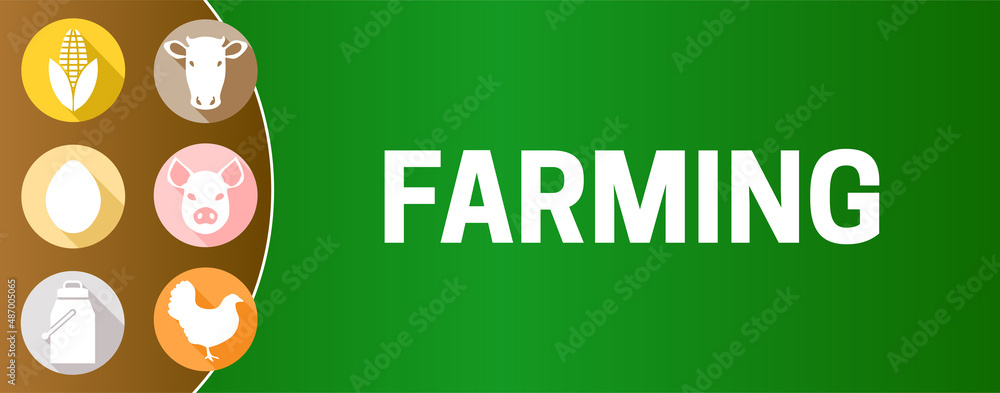 Farming Banner Illustration with Cow, Chicken, Pig, Corn, Milk, Egg Icons Farming Banner Illustration with Cow, Chicken, Pig, Corn, Milk, Egg Icons