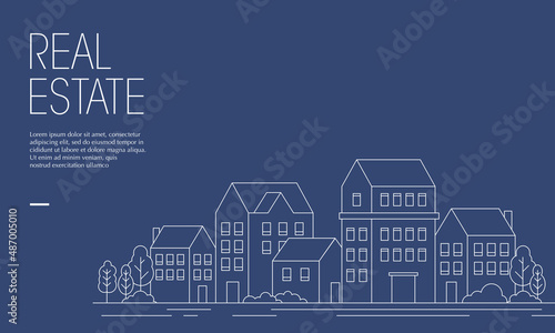 Vector illustration of real estate complex with outline style. Suitable for design element of urban building landscape and real estate promotional banner. Geometric cityscape copy space template.