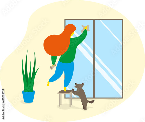 Young woman wash window with her dog at gome. Spring cleaning illustration.