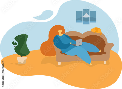 Young woman work at home online with laptop and cat. Cute flat illustration.