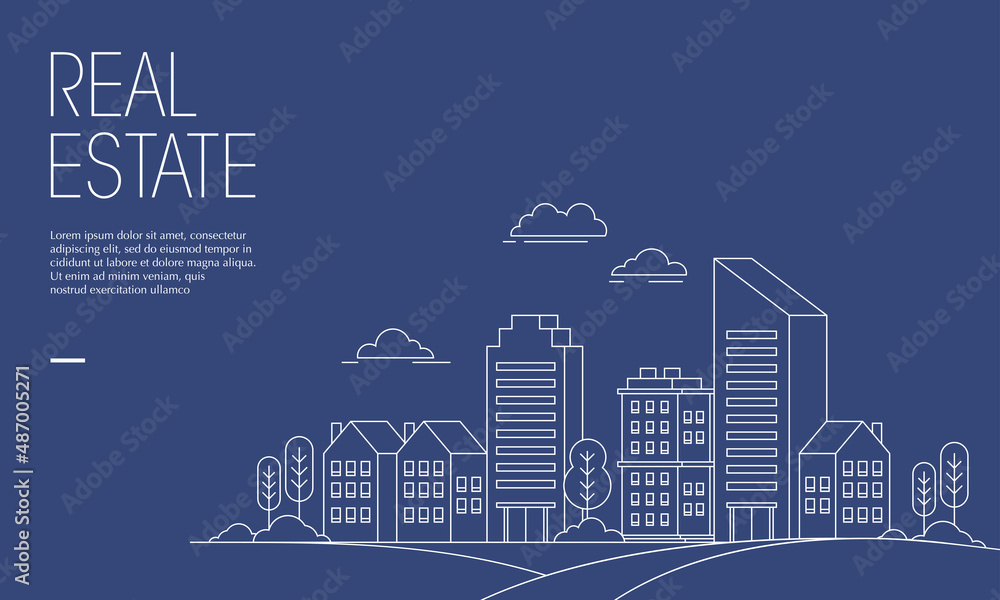 Vector illustration of cityscape with linear line style. Suitable for design element of real estate poster, modern city promotional background, and urban landscape illustration. 