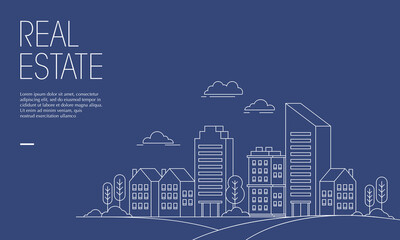 Leinwandbilder Aubergine Vector illustration of cityscape with linear line style. Suitable for design element of real estate poster, modern city promotional background, and urban landscape illustration.   © KMPro