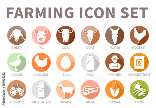 Colorful Farming or Farm Icon Set of Sheep, Pig, Cow, Goat, Horse, Rooster, Goose, Chicken, Egg, Milk, Farmer, Concentrate, Tractor, Bottle, Animal, Meat and Forage Flat Icons.