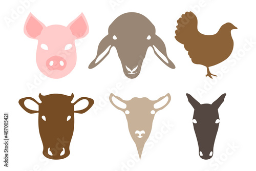 Pig, Sheep, Chicken, Cow, Goat and Horse Domestic Farm Animal Faces or Heads Collection Isolated