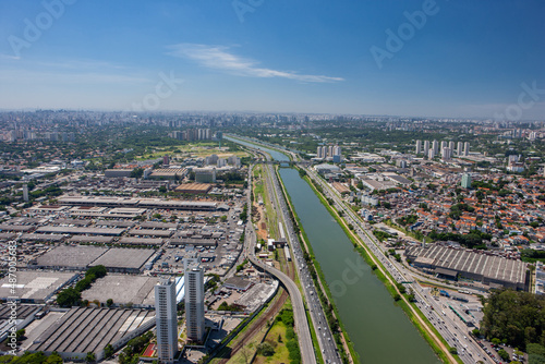 2016 JAN, SÃO PAULO City, BRAZIL, Aerial photo of the Marginal Pinheiros lane, the second most important expressway in the city of São Paulo. Ceagesp On the left in the photo.