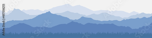 Vector illustration of mountains, ridge in the morning haze, panoramic view