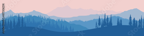 Vector illustration of mountains, ridge in the morning haze, panoramic view