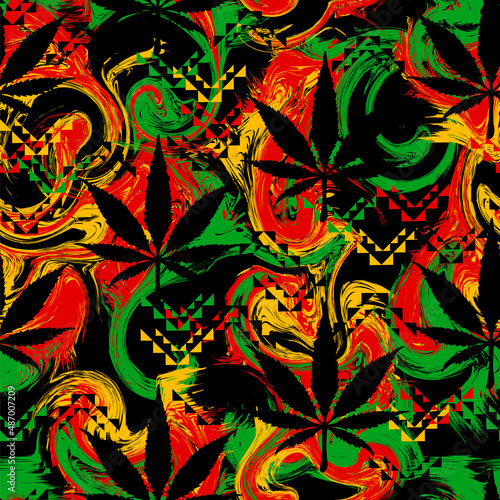 Rasta wallpaper. Abstract seamless pattern from marijuana cannabis on Rastafarian background colors. Vector Illustration