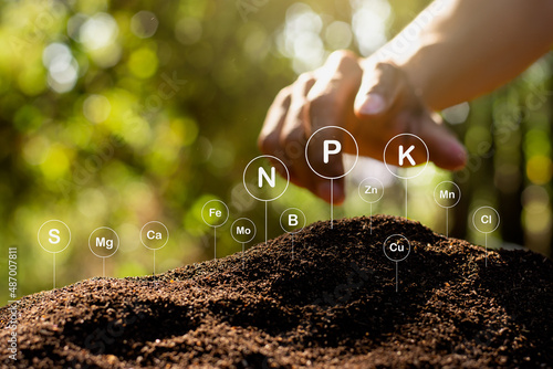 Foto Earthworm fertilizer to nourish the plants and there is a technology icon about soil elements around it