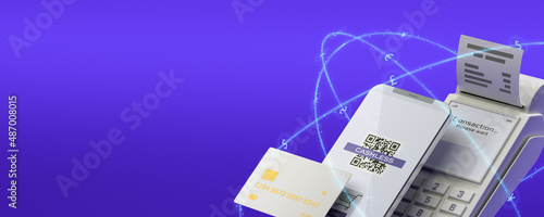 Credit card with chip. POS terminal with receipt. Smartphone with QR code on screen.