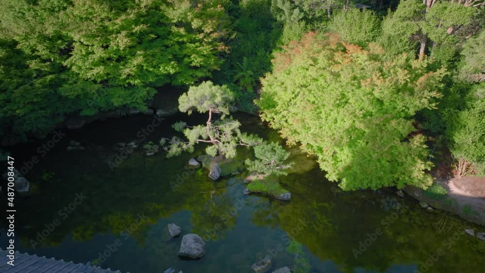 Aerial: Japanese Garden of Contemplation, Hamilton gardens, New Zealand Aerial: Japanese Garden of Contemplation, Hamilton gardens, New Zealand