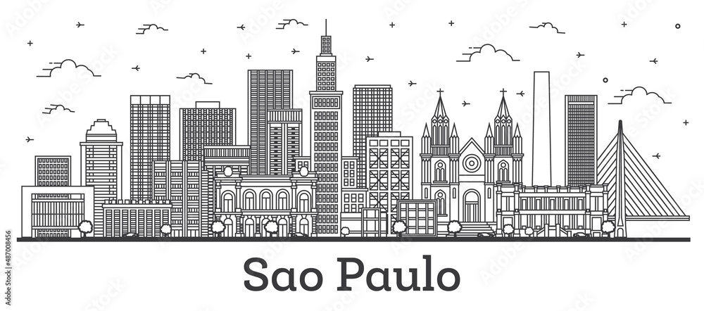 Outline Sao Paulo Brazil City Skyline with Modern Buildings Isolated on White.