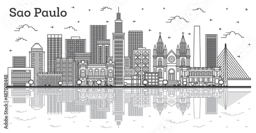 Outline Sao Paulo Brazil City Skyline with Modern Buildings and Reflections Isolated on White.
