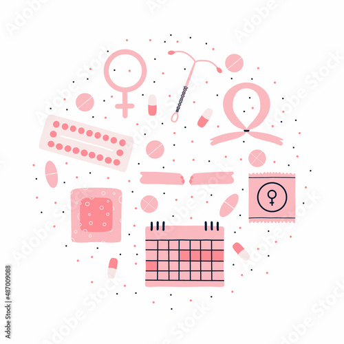  Types of contraception. Female contraceptives. Pills, calendar, patch, condom and coil. Vector illustration in a flat style. Poster with contraception.World contraception day.