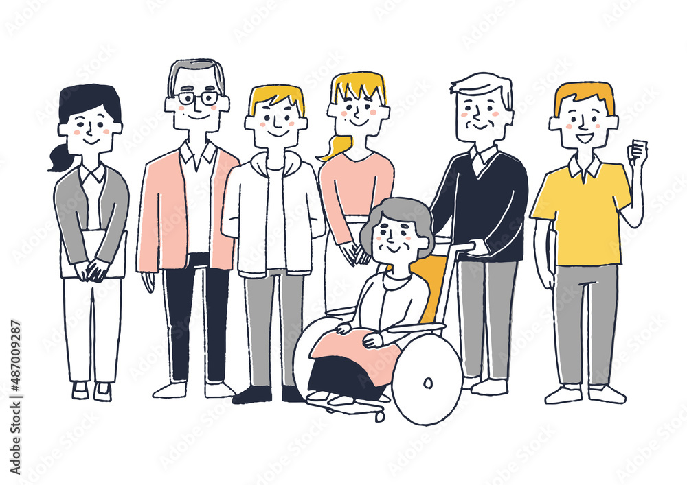三世代家族と介護職員 コミカルな手書きの人物イラスト ベクター線画にシンプルな色つけ 白バック Stock 벡터 Adobe Stock