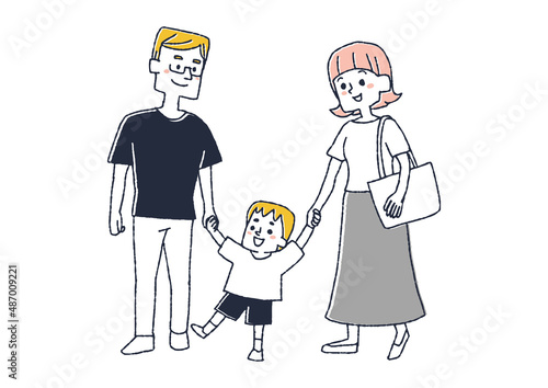 手を繋いでお出かけする家族　コミカルな手書きの人物イラスト　ベクター線画にシンプルな色つけ　白バック