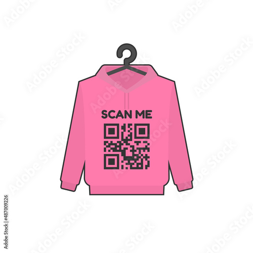 Pink hoodie and QR code with lettering 'SCAN ME' flat vector design isolated on white background.