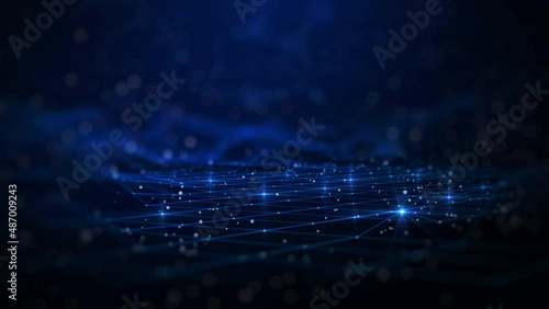 Abstract concept of cybersecurity protection technology and data protect online internet network connection which has a grid on the ground below, small particles moving slowly around. big data.