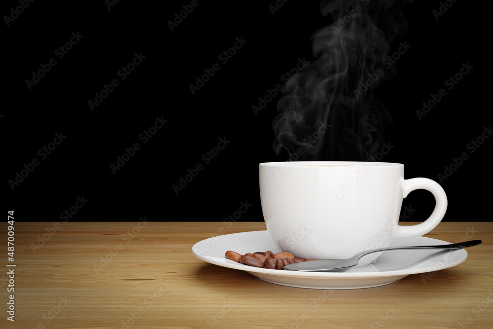 3D Rendering. White cup of coffee on Black background. 3D Rendering. White cup of coffee on Black background.