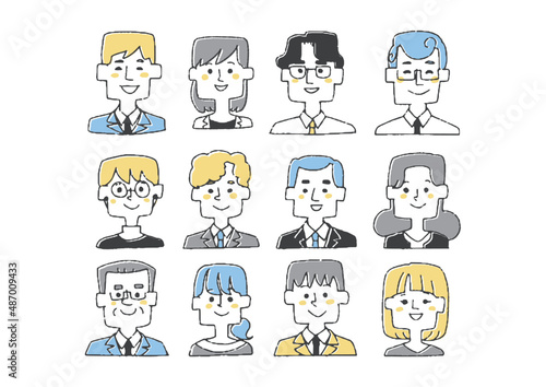 ビジネスマンの顔アイコンセット　コミカルな手書きの人物イラスト　ベクター線画にシンプルな色つけ