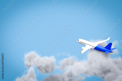 white airplane with the clouds on blue background, top view. 3D Render