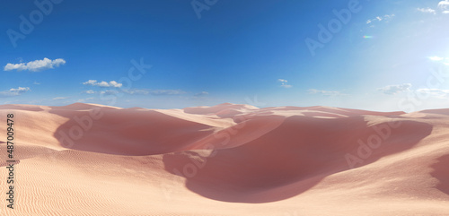 3D rendering Panorama of dunes in a sandy desert, sand dunes under a blue sky.