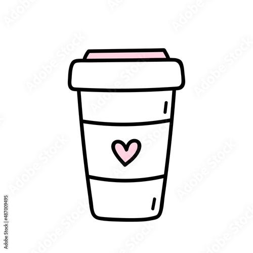 Cute cup of coffee to go isolated on white background. Vector hand-drawn illustration in doodle style. Perfect for Valentine's Day designs, cards, logo, decorations.
