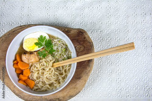 Traditional Japanese ramen on top of a light background