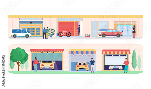 Garage with automatic gates. Vehicle storage space, room for cars inside house. Gates with lifting mechanism, place for automobile parking. Car near garage in modern residental building