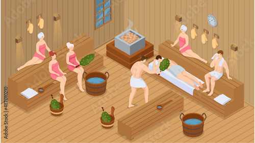 Sauna and steam room. Set of people in sauna. People relax and steam with birch brooms in traditional russian stove for female and male. Finnish bathhouse. Public sauna, Friends in spa resort