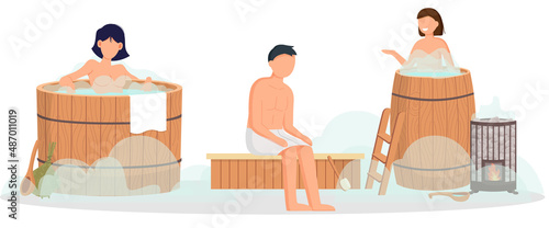 Sauna and steam room. Set of people in sauna. People relax and steam with birch brooms in traditional russian stove for female and male. Finnish bathhouse. Public sauna, Friends in spa resort