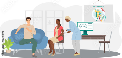 Doctor gives an injection dose of vaccine to patient. Coronavirus vaccination. Antiviral shot. Injecting vaccinate against Covid-19, health care. Woman receiving dose of medication at medical office