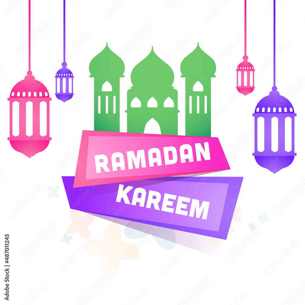 Ramadan Kareem Font With Flat Mosque, Arabic Lanterns Hang On White Background.