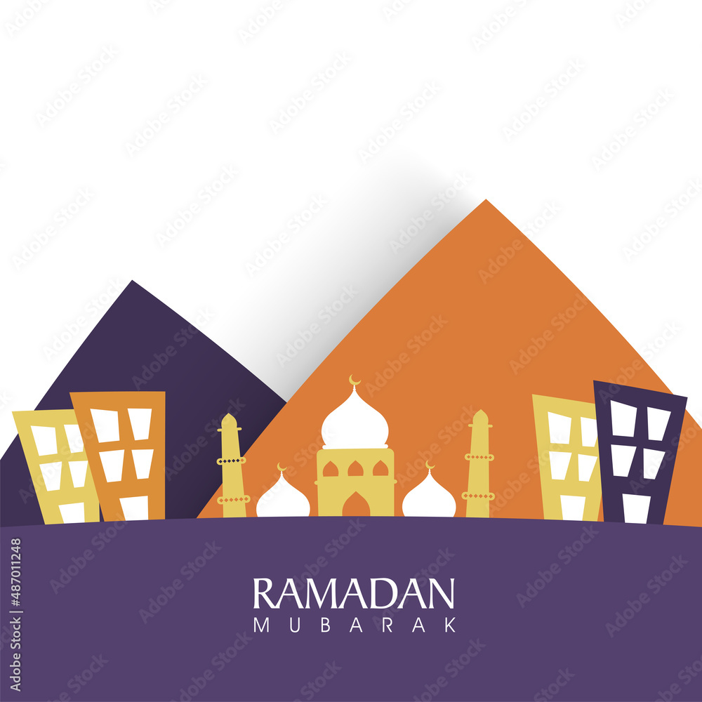 Ramadan Mubarak Concept With Mosque, Buildings On Colorful Background.