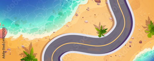 Top view of sea isthmus with winding road. Vector cartoon illustration of summer tropical landscape of land bridge with sand beach, palm trees and empty asphalt highway