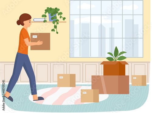 Family moving to new house, people moving to new house, carrying things to apartment, changing place of residence, relocation. Unpacking things after shipping, decorating home. Rental of premises