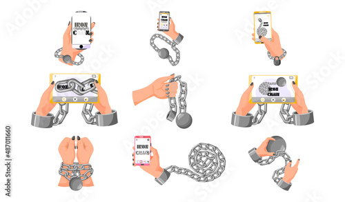 Gadget addiction iron chain that ties together hand and smartphone in concept of social media and internet nomophobia and digital detox. Social problem mobile phone addiction public disease vector set