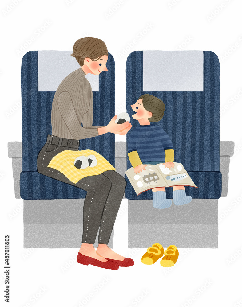 新幹線や電車に乗って旅行をする親子 手描きイラスト Stock Illustration Adobe Stock