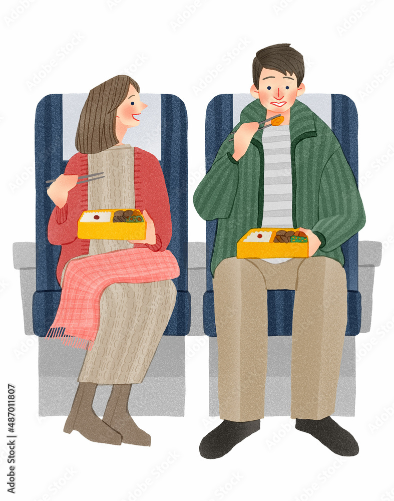 新幹線や電車に乗って旅行をする若いカップル夫婦 手描きイラスト Stock Illustration Adobe Stock