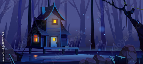 Wooden stilt house in deep forest at night. Swamp landscape with hut in water, dark trees silhouettes and stones. Vector cartoon illustration of woods with lake, pond or bog with house