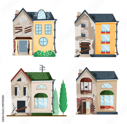 Home renovation, house before and after repair. New and old suburban cottage. Remodel construction. Old run-down house remodeled into cute traditional suburban cottage. Building maintenance service