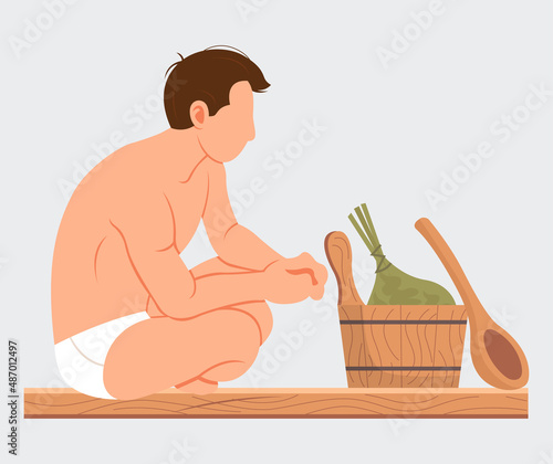 Man sitting and relaxing in sauna isolated on white. Bathhouse or banya. Wellness spa procedures. Male character in hot steam bath resting alone. Person takes care of health, enjoys in steam-room