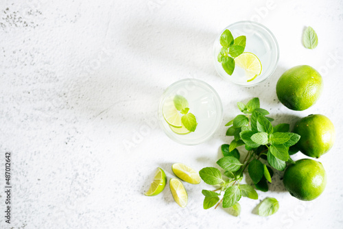 Lemonade lime iced drink with fresh mint leaves.